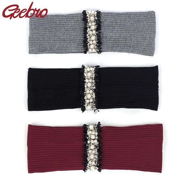 

geebro pearl lace stripe elastic ribbed women yoga headband delicate beads hairband female hair accessories for lady girls