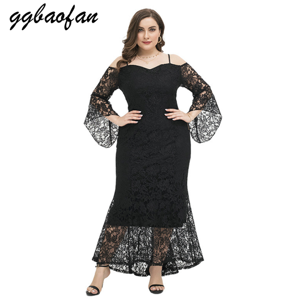 

casual dresses fashion black elegant flared sleeves 2021 spring party large size lace evening mermaid dress lady ropa de mujer birthday 4xl, Black;gray