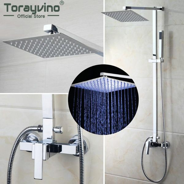 

torayvino led chrome polish 8 inch rainfall shower head bathroom faucet set with adjust height handheld wall mounted tap sets