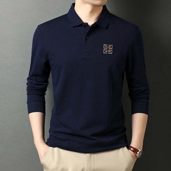 

men's polo autumn cotton embroidered long sleeved t-shirt middle-aged loose lapel dad's top, Black