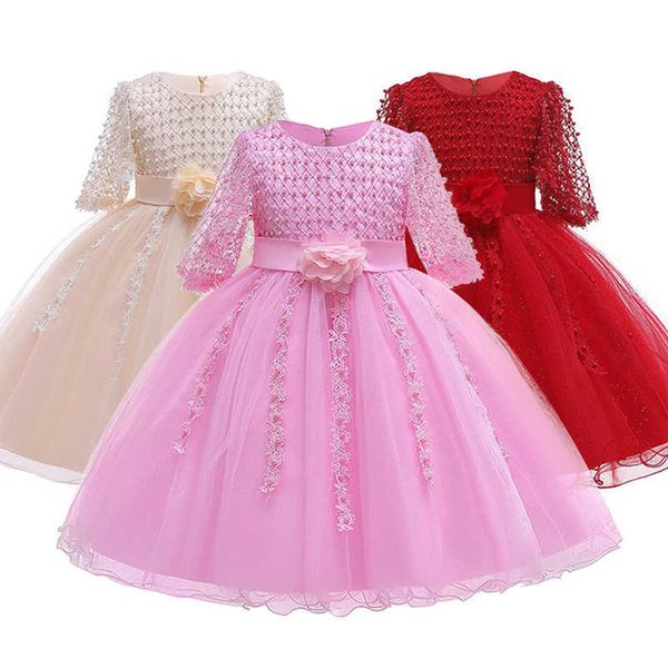 

2021 christmas drbeading formal elegant wedding gown princdresses flower evening kids party for girl children clothing x0803, Red;yellow