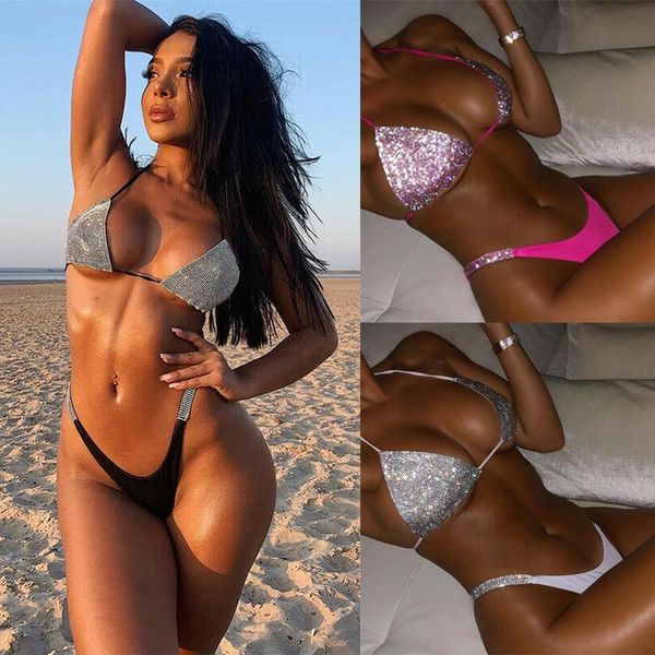 

women's swimwear women shinny diamond mini bikini set bras bralette g-string thong triangle swimsuit beach bathing suit bikinis, White;black