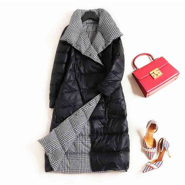 

winter lapel double sided down long jacket women stand collar white duck coat 5xl breasted warm snow outwear 210430, Black