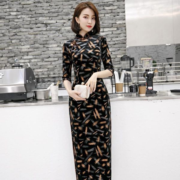 

ethnic clothing autumn and winter retro improved cheongsam mid-length dress fashion simple chinese qipao, Red