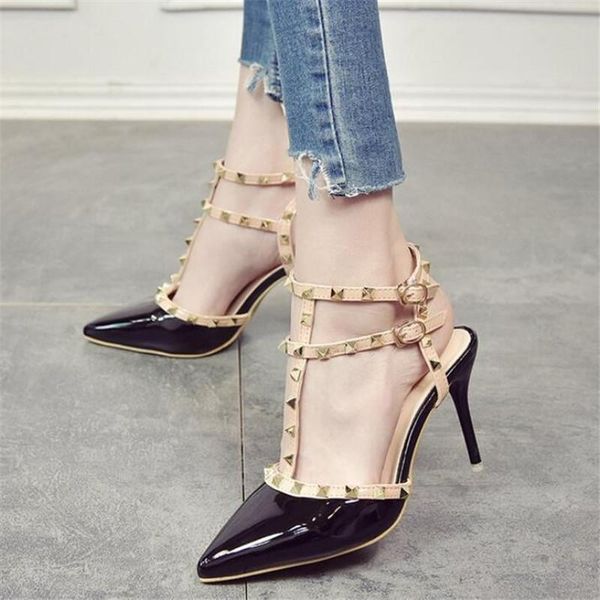 

high-heeled shoes female pointed stiletto nightclub word with rivets wild sandals summer, Black