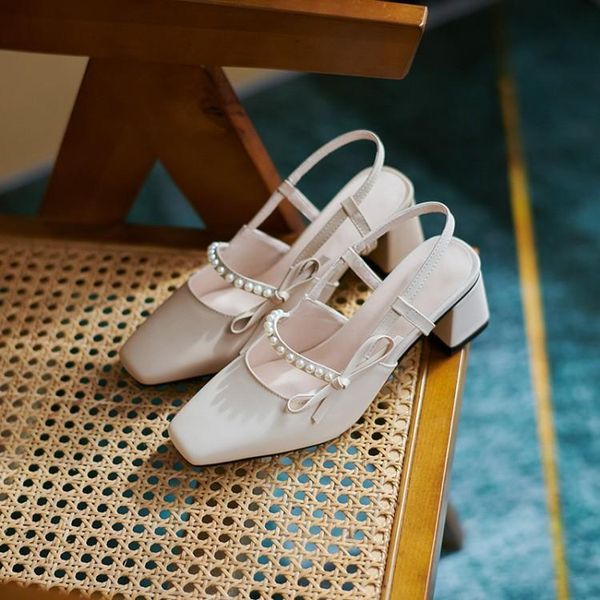 

sandals beige heeled mary jane 2021 summer clear shoes med square toe large size black block retro pearl spring comfort medi