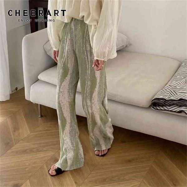 CHEERART Pantaloni a gamba larga estivi a costine Pantaloni donna Tie Dye Elastico a vita alta Blu Verde Palazzo allentato Streetwear 210915