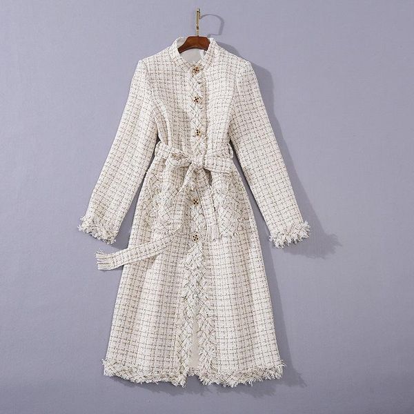 

women's jackets [ewq] 2021 female stand collar single breasted loose panelled plaid tassel lurex over knee lace up tweed cardigan coat, Black;brown