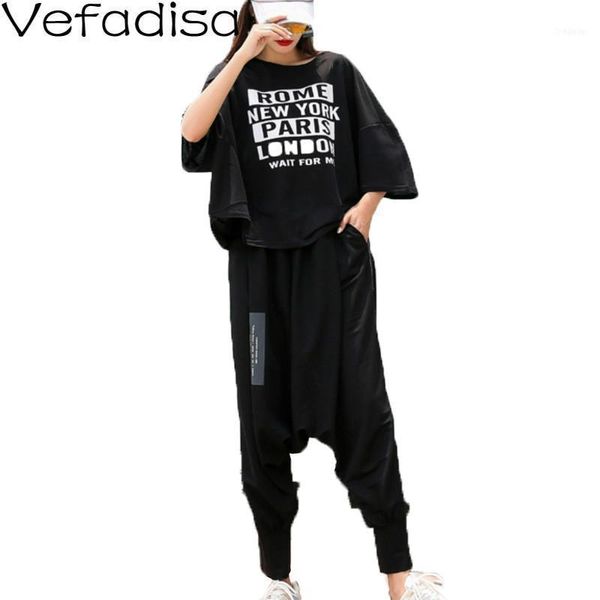 

vefadisa black plus size summer set letter print women 2021 bat sleeved t-shirt + harem pants 2 pieces suit qyf28161, White