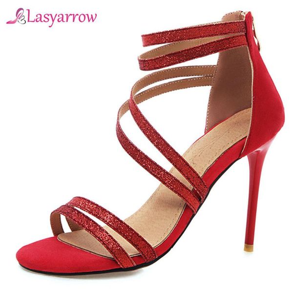 

lasyarrow 2021 summer thin heel shoes women sandals solid colors zipper high heels peep toe ladies black red j771