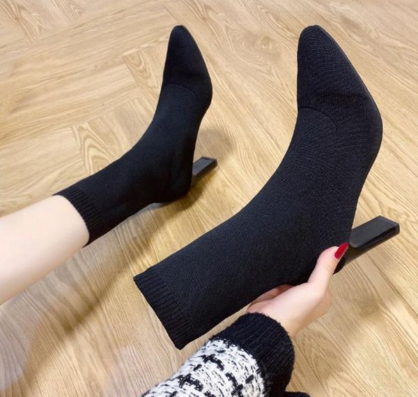 

boots chaussures femme zapatos mujer sapato woman pointed shoe women ankle mid heels weave grid shoes short booties k0106, Black