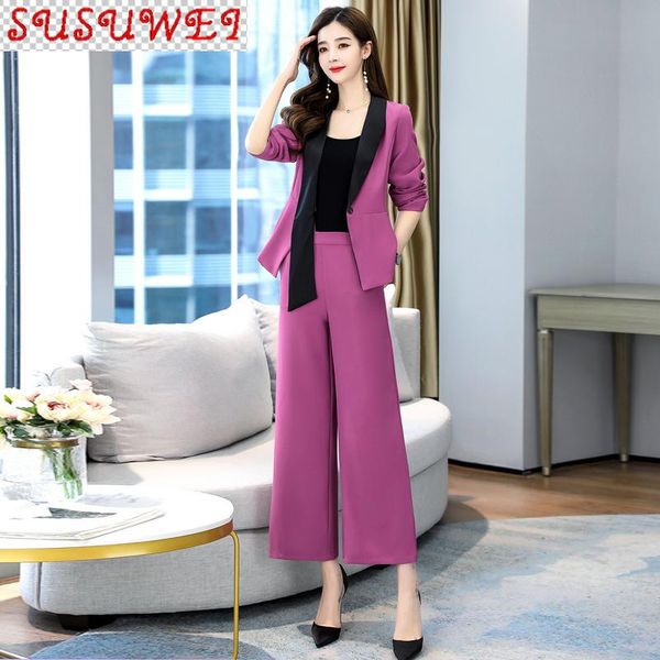 

plus size women's female pants suit two-piece autumn long sleeve ladies office jacket elegant wide-leg two piece, White