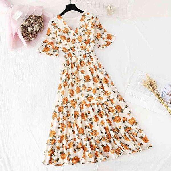 

dresses bohemia midi women summer vintage floral print ruffles chiffon short sleeve v-neck holiday ees vestidos, Black;gray