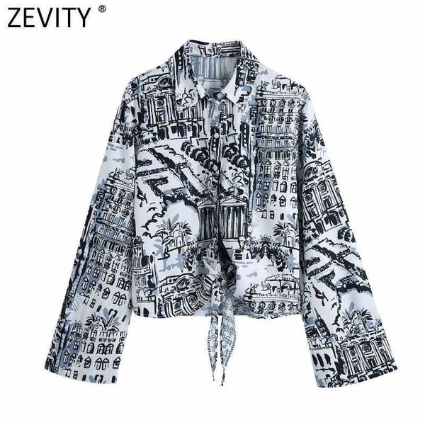 Zevity Frauen Vintage Handgemaltes Bild Druck Freizeithemd Weiblicher Saum Bowknot Kimono Bluse Roupas Chic Chemise Tops LS9067 210603