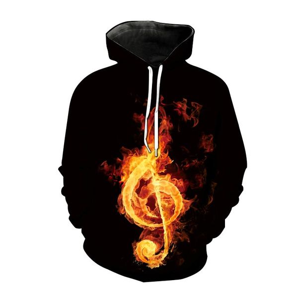 

men's hoodies & sweatshirts arrival men women music note 3d print hooded sweatshirt water and fire pullover hoodie hip hop outerwear, Black