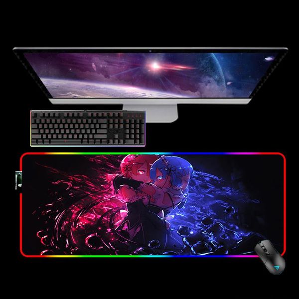 

mouse pads & wrist rests rgb re zero rem emilia led pad xxl mousepad anime keyboard desk carpet game no-slip mat 900x400x4mm tapis de souris