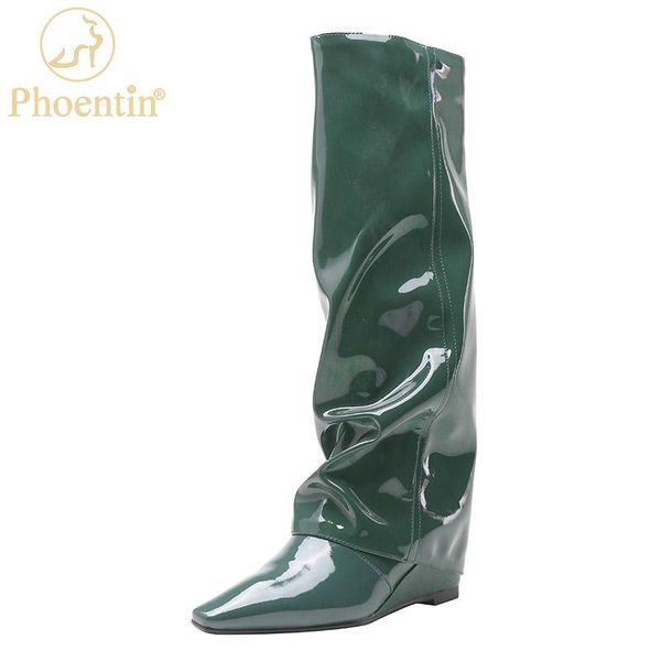 

boots phoentin knee high women wedges shoes patent leather pleated fashion european style autumu long size 42 ft1633, Black