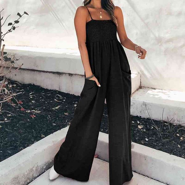 

women's jumpsuits & rompers summer women long spaghetti strap solid black high waist wide leg pants casual office lady yvkm, Black;white