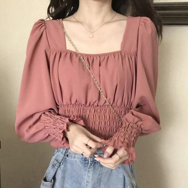 

women's blouses & shirts fall 2021 womens fashion square collar puff sleeve ruched elegant blouse crop shirt korean style slim streetwe, White