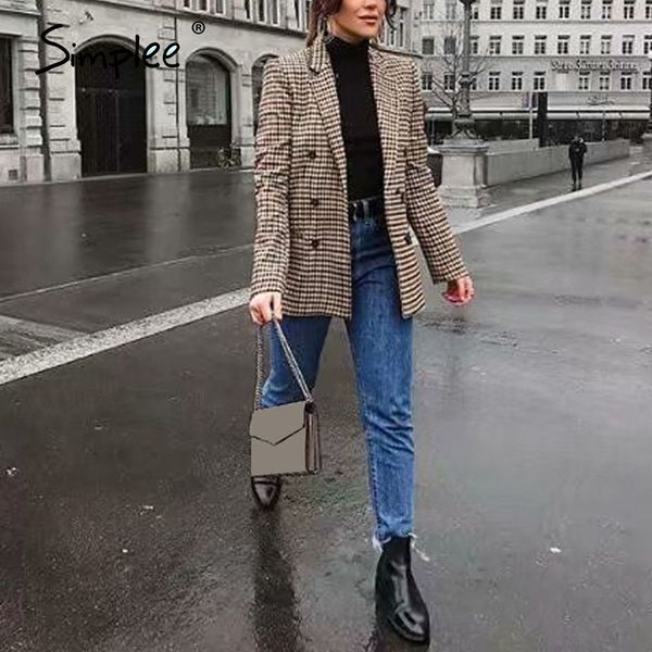 

simplee fashion double breasted plaid female long sleeve office ladies blazer autumn jacket women outerwear coats 201009, White;black