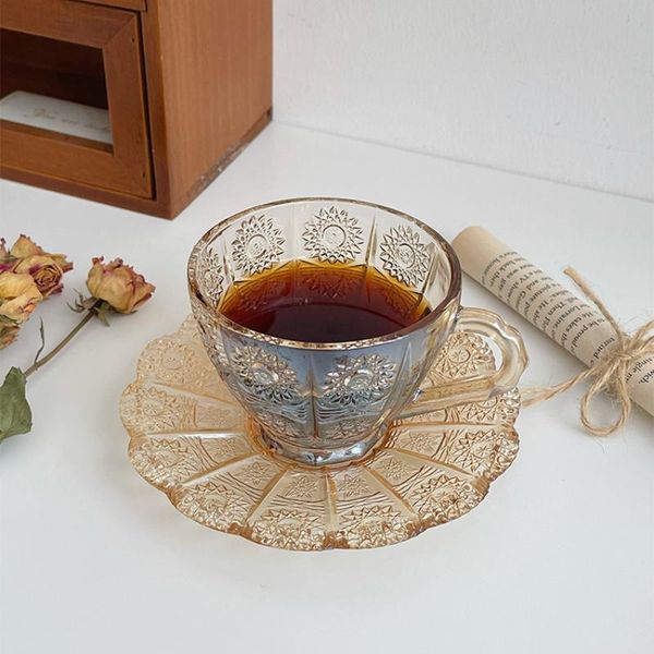 

mugs amber transparent glass cups coffee mug with tray saucers flower milk cup