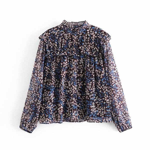

women's knits & tees vintage women floral print shirts fashion ladies chiffon elegant female chic o-neck ruffles blouses stre, White
