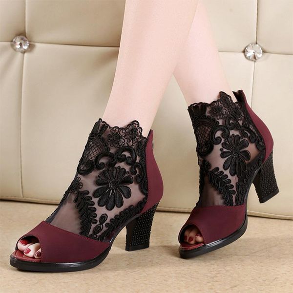 

dress shoes summer mesh open toe sandals high heels single lace women fashion 2021, Black