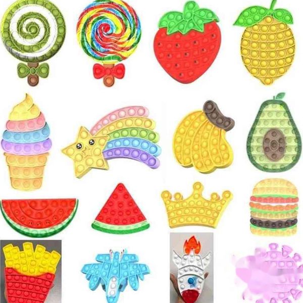 

normal size push pop fidget bubble poppers board sensory toys fruits lollipop hamburger fries crown rainbow poo-its finger puzzle tiktok toy