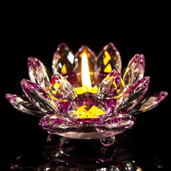 

candle holders 7 colors lotus crystal glasslotus flower tea light holder buddhist candlestick creative party wedding decoration