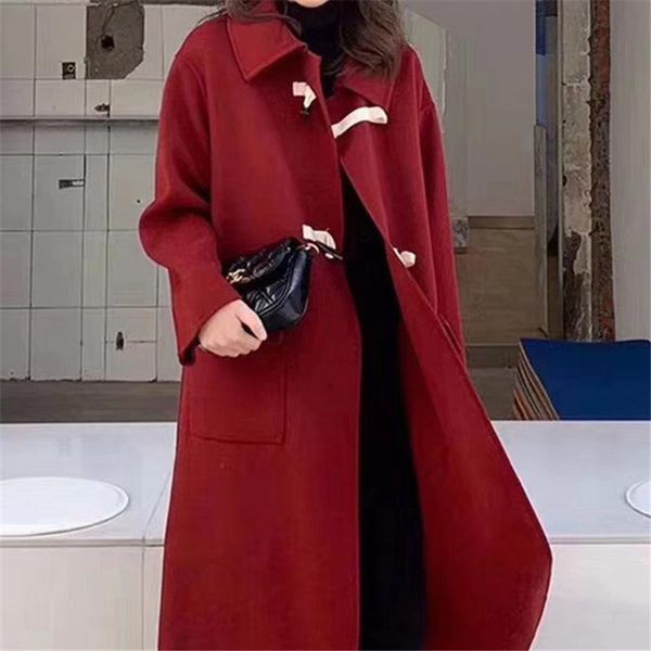 

women's wool & blends in the long double coat female loose wood buckle cloth, Black