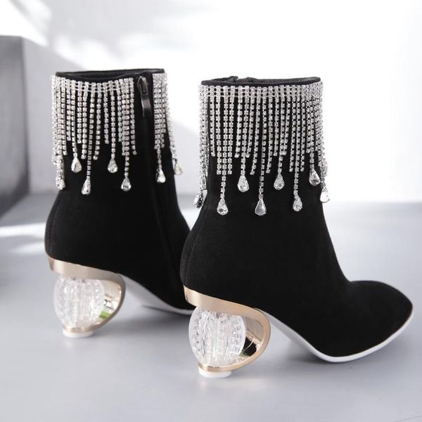 

boots us4-11 womens round toe suede leather ankle rhinestones crystal tassels ball strange high clear heel luxury shoes, Black