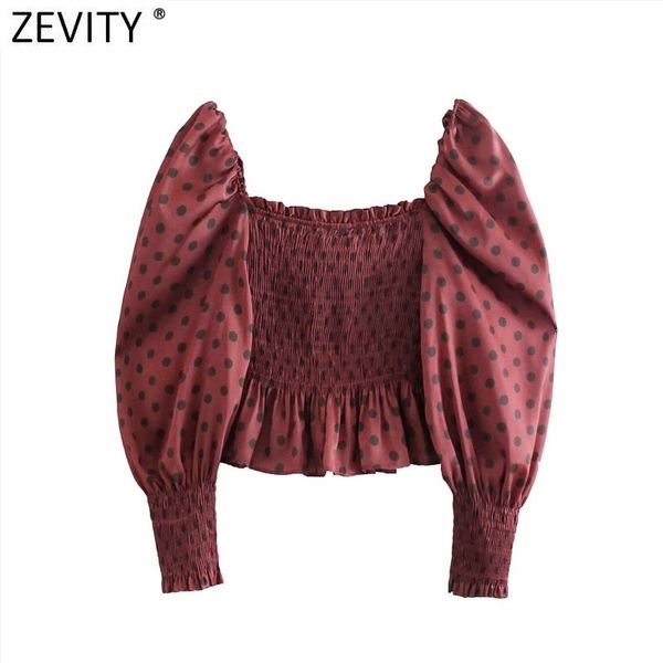 

zevity women vintage square collar polka dots print short smock blouse female chic elastic ruffles slim shirt blusas ls9018 210419, White