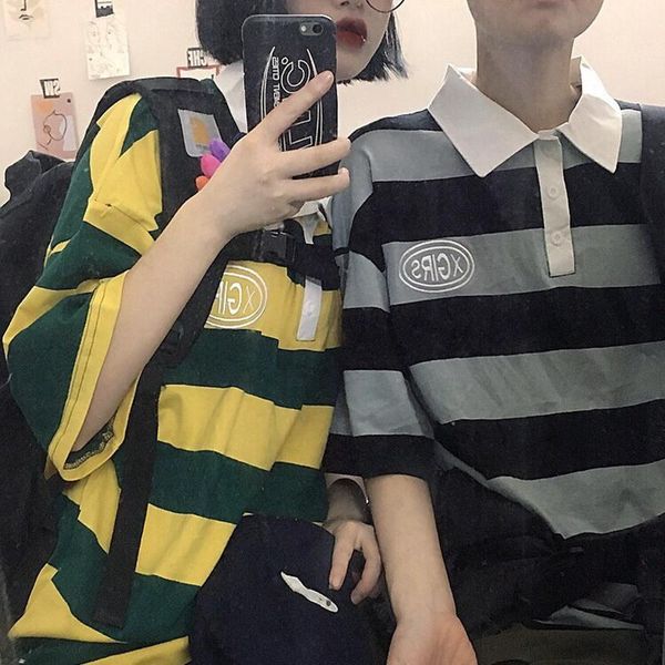 

women's t-shirt couple clothing summer korean ins hipster turn-down collar short sleeve woman tshirts hong kong style striped tees loos, White