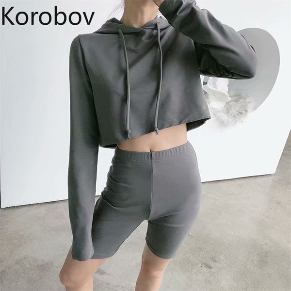 

korobov korean casual women suits vintage hooded long sleeve crop sweatshirts and high waist elastics shorts 2 pieces sets 210430, White