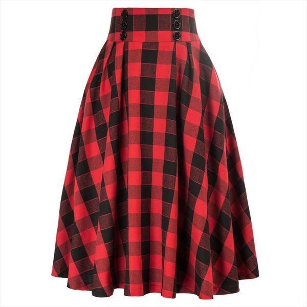 

elastic waist plaided high women skirt buttons grid retro a line swing midi skirts youth lady casual, Black