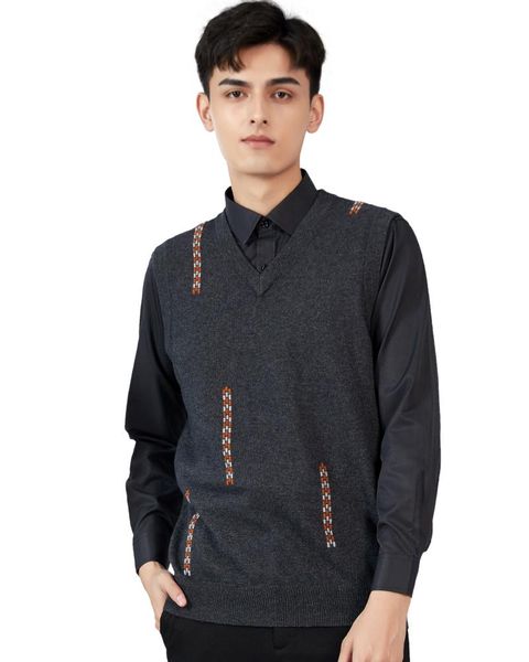 

zhili men's 100% cashmere v neck sweater 1-ply knitted pullover vest vests, Black;white