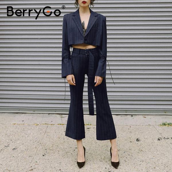 

berrygo two pieces navy blue autumn winter pant suits high street fashion women stripe jumpsuit lace up bell bottom sets 2021 women's p, White