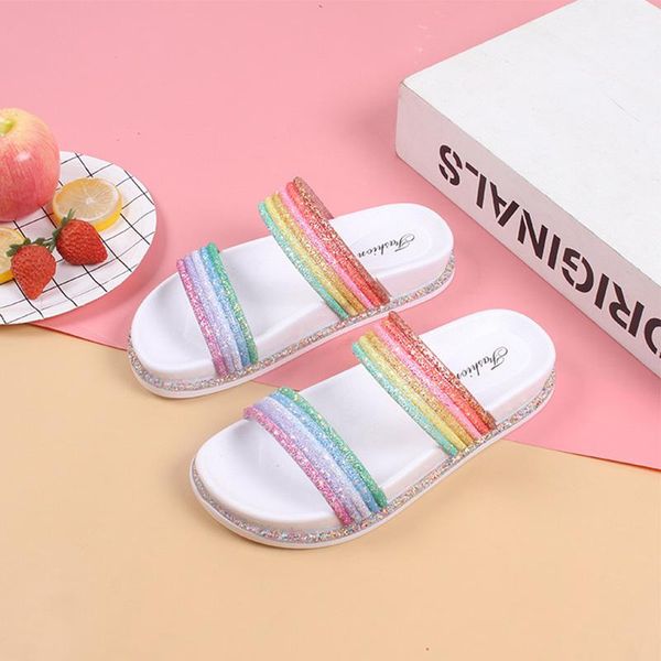 

rainbow bling slippers for beach flat woman fashion colorful slides female women summer soft home shoes outdoor footwear, Black