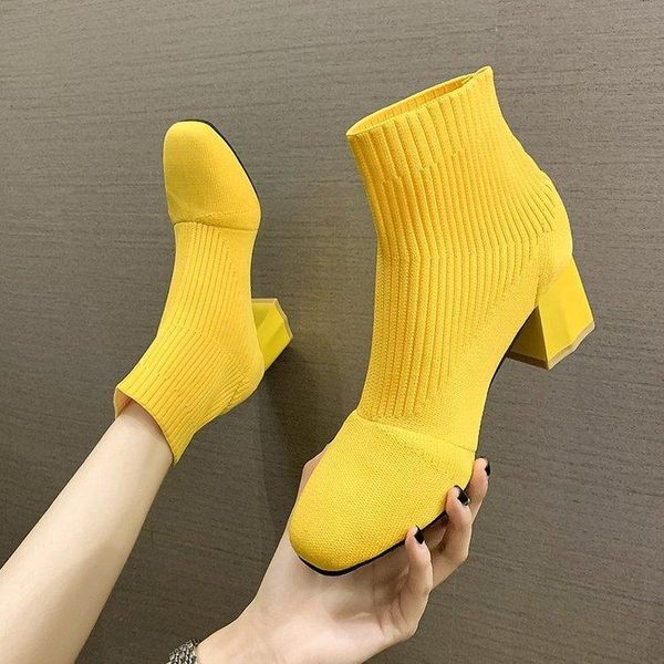 

boots 2021 spring autumn sock square toe knit fabric med heel pumps shoes 5.5 cm slip on short ankle, Black