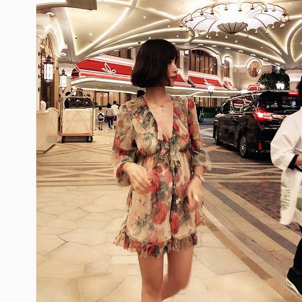 

women's jumpsuits & rompers ladies silk flower print long sleeve ruffle v neck mini with gathered waist trim tassel end drawstring, Black;white