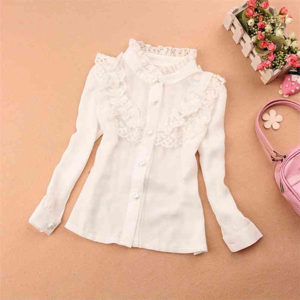 

autumn kids children shirts solid chiffon blouses teenage school mandarin collar white clothes fashion long sleeve 210622, White;black