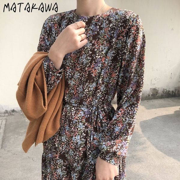 

matakawa floral long-sleeved woman dress spring puff sleeve femme robe round neck loose tie large swing vestido female 210513, Black;gray