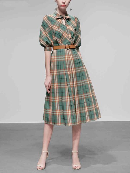 

a line vintage elegant england style plaid knee length women lady office work vestidos es bow neck casual half sleeve, Black;gray