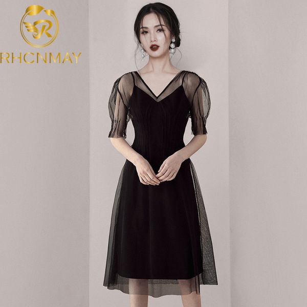 

2021 fashion summer v-neck mesh party dress women dresses puff sleeve female dress casual slim midi dressswimwear bathing suits swimsuit, Black;gray