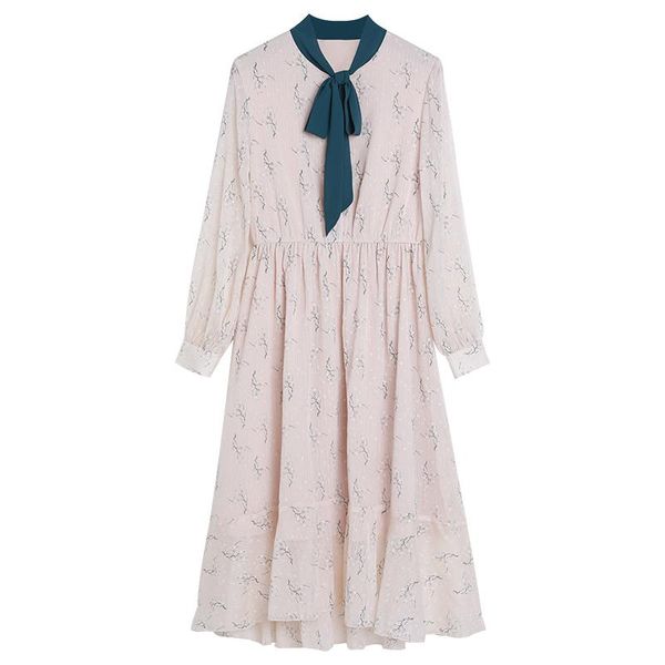 

casual dresses 2021 spring chiffon floral dress female french small long-sleeved knees fresh and very fairy, Black;gray
