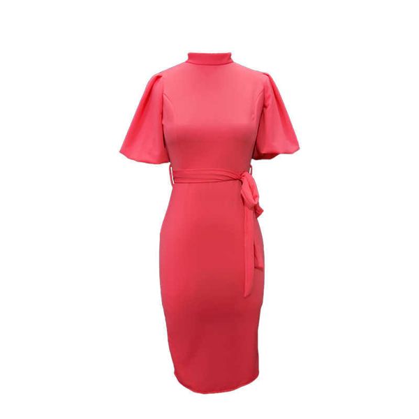 Rosa Vestido Mulheres Lanterna Curta Manga Bodycon Midi Comprimento Escritório Senhora Desgaste Slim Fit Plus Size Vestidos S-XXL com Cintura Cintura 210527