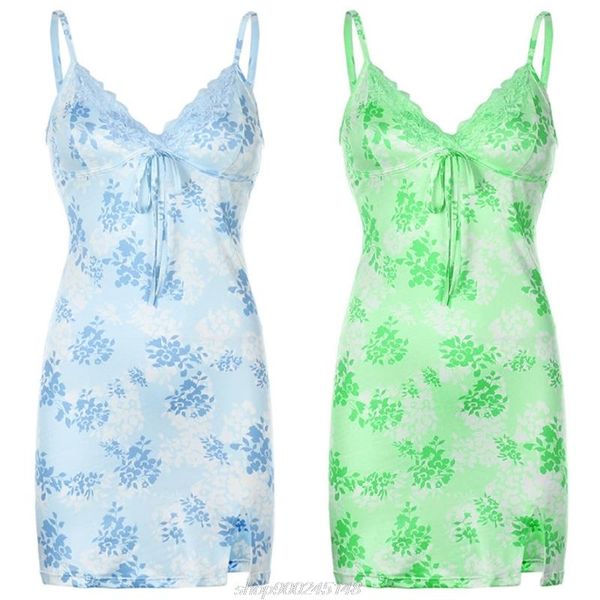 

one-piece suits women spaghetti strap v-neck lace trim bodycon mini dress floral print side split high waist camis party a08 21 dropshi