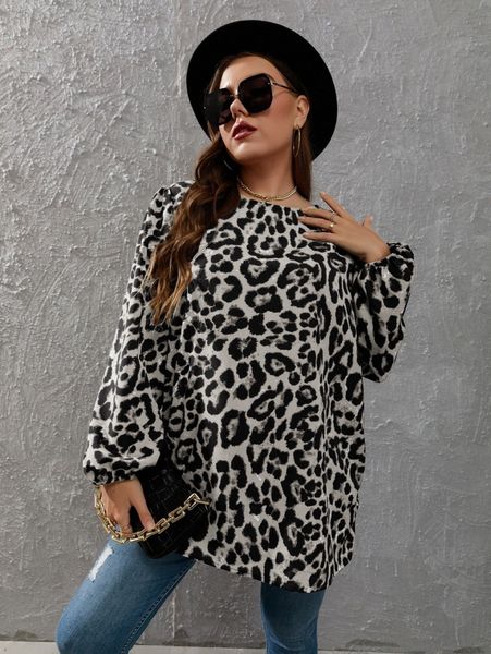 

plus leopard print lantern sleeve blouse y2ii#, Black