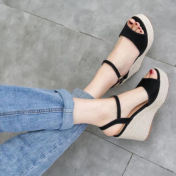 

slope heel sandals women's 2021 summer high thick sole shoes small size 3132, Black