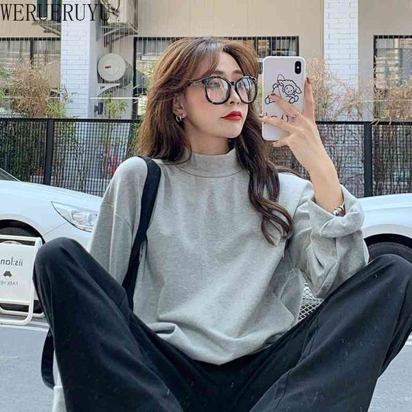 

werueruyu t-shirt women's casual bottoming shirt autumn and winter solid color sweater half high collar warm female 210608, White;black